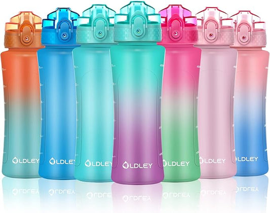 OLDLEY Kids Water Bottle with Straw 15 oz BPA-Free Leak-Proof Motivational Water Bottles with Time Marker for School Sports Travel Gym, Easy to Use for Girls Goys, 1 Straw Lid, Mint Purple