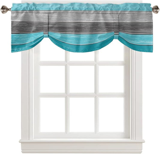 Farmhouse Blackout Tie Up Valance Curtains for Kitchen Windows, Aqua Blue Gray Window Toppers Balloon Shades for Living Room/Bathroom/Bedroom,1 Panel,42" X 12" Retro Rustic Barn Wood Texture