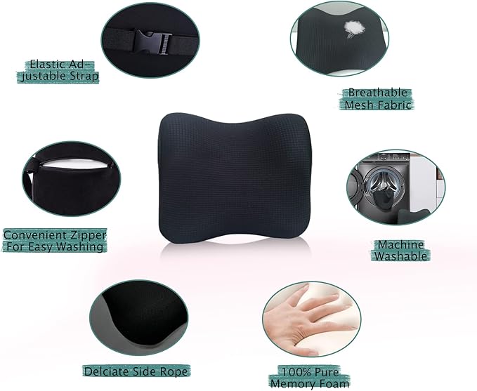 Super Fit Car Headrest Pillow, Car Pillow for Driving with Adjustable Strap, 100% Memory Foam Neck Pillow, Breathable Removable Cover & Ergonomic Design - Softness Travel Car Neck Pillow(Black, 1Pc)