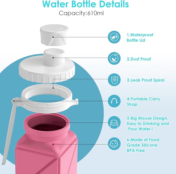 Collapsible Water Bottles,BPA-Free Leak-Proof Silicone Foldable Water Bottle Cup 20.6oz,Durable Lightweight Bottle for Gym Travel Camping Hiking Running (Pink)