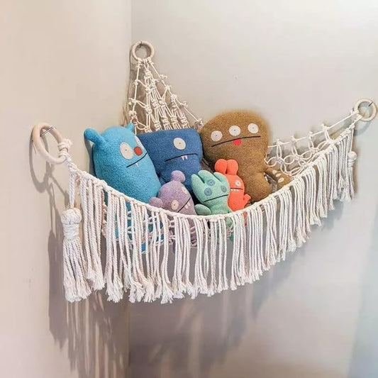 Stuffed Animal Hammock Toy Net Plush Toy Hanging Organizer with Macrame Tassels Stuffed Animal Holder Display Corner Boho Large Storage Mesh Net for Playroom Bedroom