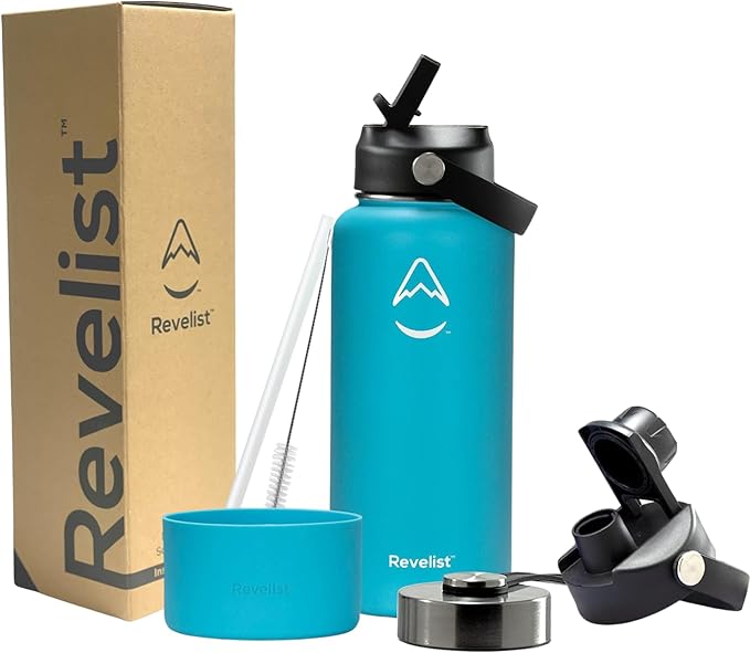Revelist Sports Water Bottle - 32 Oz, 3 Lids (Straw Lid, Spout & Screw Top) with Boot, Vacuum Insulated Stainless Steel, Double Walled, Reusable Water Flask, Metal Canteen - Caribbean Blue