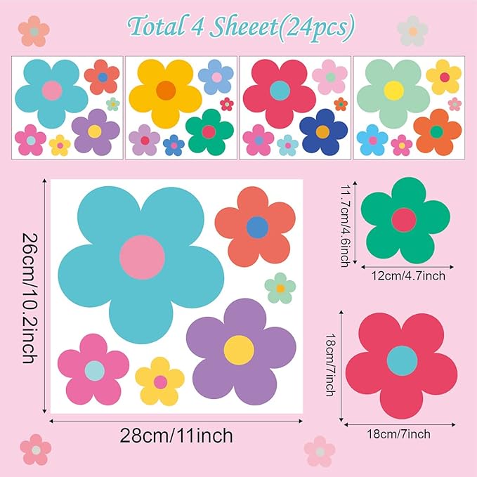Pink Flower Wall Decals - Flower Peel and Stick Wall Stickers Vinyl Peony Floral Wall Stickers Pastel Flower Decor for Girls Bedroom Nursery Classroom Living Room (Colorful Flower)