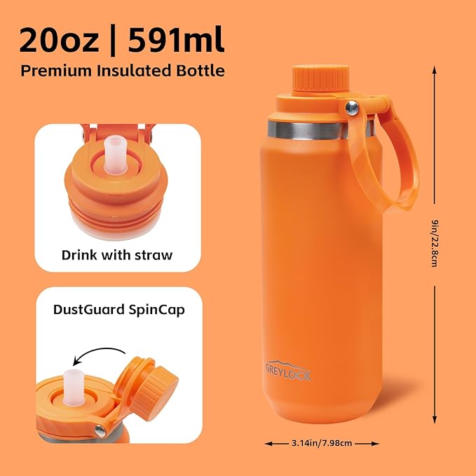 Greylock 20 oz Insulated Stainless Steel Water Bottle with Straw Lid- BPA-Free Leak Proof When Closed, Reusable Metal Water Bottle with Carry Handle for Travel Camping, 24 Hours Cold (Tangerine)