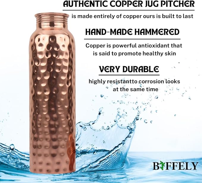 Copper Water Bottle - 34 Oz Extra Large - A Hammered Ayurvedic Pure Copper Vessel For Drinking - Drink More Water, Lower Your Sugar Intake And Enjoy The Health Benefits Immediately