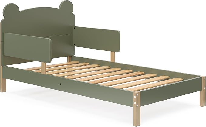 Storkcraft Teddy Bear Toddler Bed (Olive with Driftwood) - GREENGUARD Gold Certified, includes Toddler Safety Guardrails, Fits Standard Crib & Toddler Mattress, Stylish 2-Tone Design