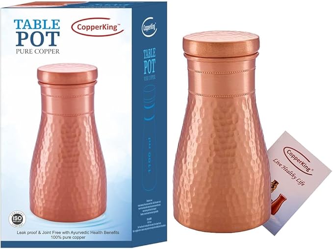 Pure Copper Hammered Pitcher with Inbuilt Tumbler | Ayurvedic Solid Copper Water Bottle Drinking Jar with Cup Galss | Best Use Carafe for Office, Bedroom, Dining Table Pot 37oz / 1100 ML / 1.1 Liter