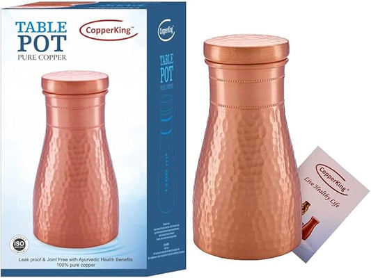 Pure Copper Hammered Pitcher with Inbuilt Tumbler | Ayurvedic Solid Copper Water Bottle Drinking Jar with Cup Galss | Best Use Carafe for Office, Bedroom, Dining Table Pot 37oz / 1100 ML / 1.1 Liter