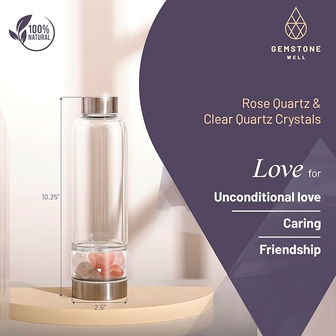 Crystal Water Bottle Elixir Set | Genuine Authentic Rose Quartz & Clear Quartz Healing Gemstones | Black Neoprene Sleeve | Drink Gem Infused Water