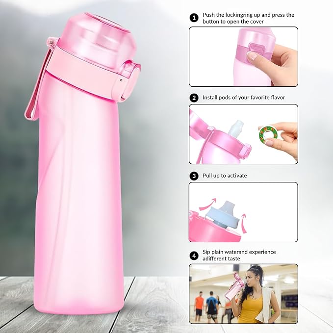Matt Finish Water Bottle With 1 Flavor Pod | Include Straw and Strap | Silicone Leak-Proof Ring BPA Free, Air Water Bottle