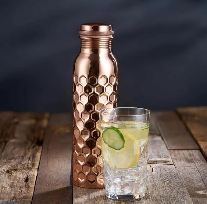 Pure Copper Metal Water Bottle - 32 oz - Indian Handmade Ayurveda Healing Drinking Water Bottle for Travel, Hiking, Gym, Office, Outdoor - Glossy Honeycomb