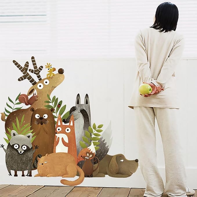Jungle Animals Wall Decals Woodland Animal Wall Sticker Elk Dog Squirrel Civet Cat Wall Stickers Kids Room Baby Nursery Bedroom Door Wall Decor