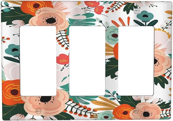 Rustic Floral Boho Colorful Flower 3 Gang Rocker Light Switch Covers Triple Outlet Wall Plate Decorative Switchplate Cover Faceplate GFCI for Farmhouse Bathroom Bedroom Kitchen Decor