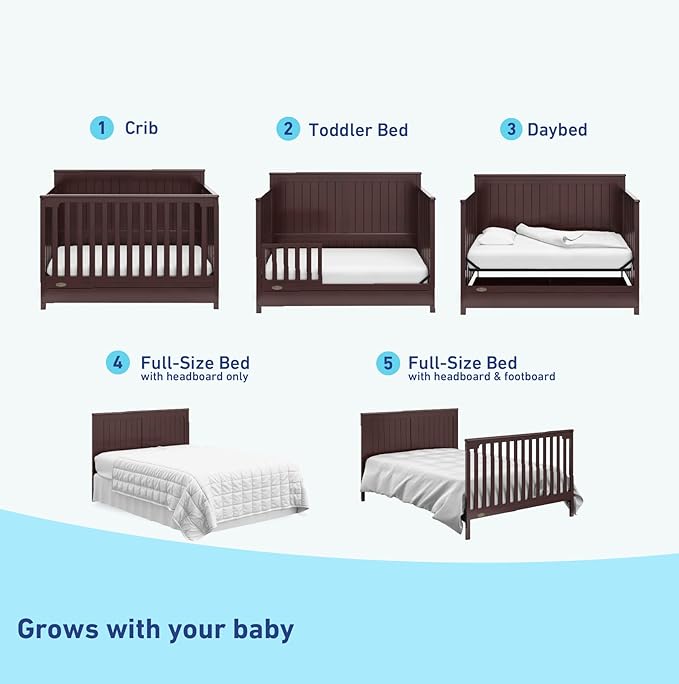 Graco Hadley 5-in-1 Convertible Crib with Drawer (Espresso) – Crib with Drawer Combo, Includes Full-Size Nursery Storage Drawer, Converts from Baby Crib to Toddler Bed, Daybed and Full-Size Bed