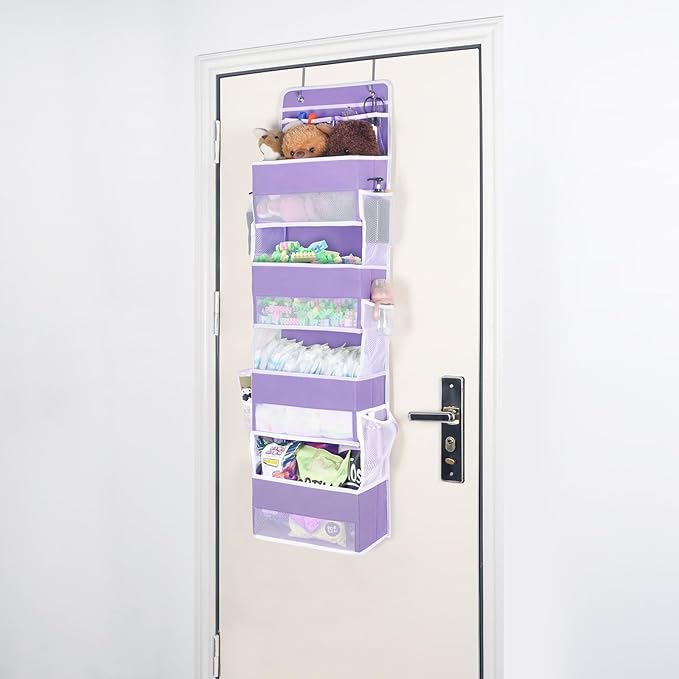 Univivi Over Door Hanging Organizers and Storage Nursery Closet Cabinet Baby Storage with 4 Large Compartments 2 Small PVC Pockets with 6 Side Pockets for Cosmetics, Toys and Sundries (Purple)