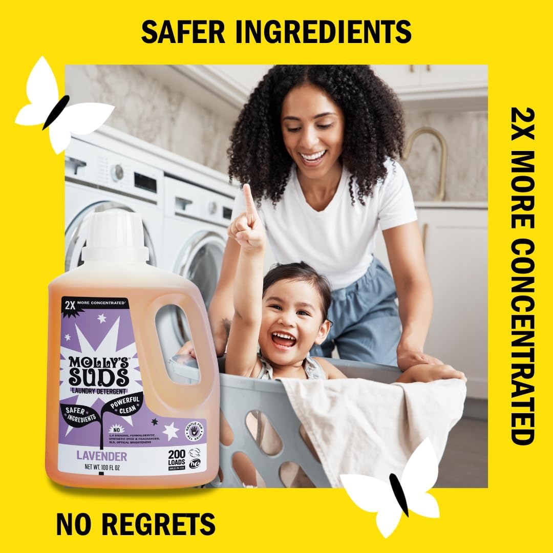 Molly's Suds Liquid Laundry Detergent | Clean Laundry Detergent Soap for Sensitive Skin | 2x Concentrated, High Efficiency (HE) (Lavender - 200 Loads)