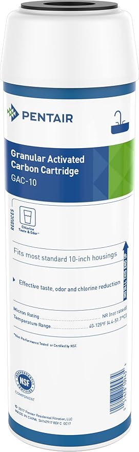 Pentair Pentek GAC-10 Carbon Water Filter, 10-Inch, Under Sink Granular Activated Carbon (GAC) Replacement Cartridge, 10" x 2.5" , Blue