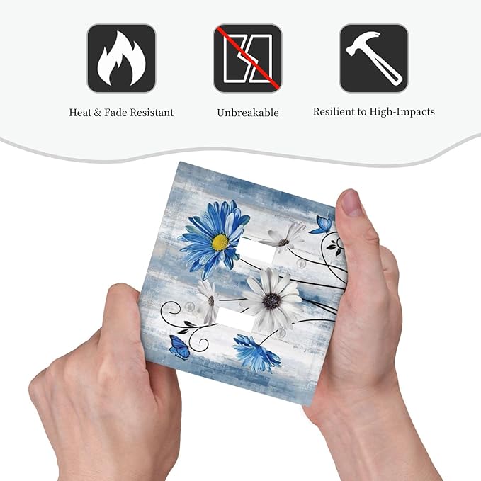 Rustic Teal Blue Daisy Floral Double Toggle Light Switch Covers 2 Gang Wall Plate Dual Decorative Switchplate Electrical Faceplate for Country Bathroom Bedroom Kitchen Decor