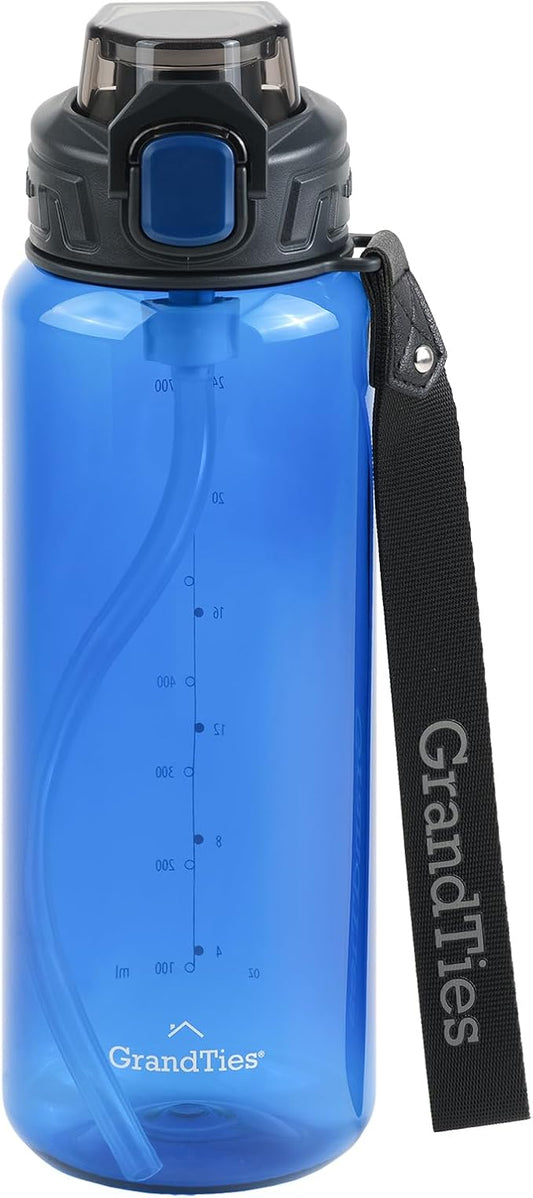 GRANDTIES Sports Tritan Plastic Water Bottle with Straw, Removable – Leakproof BPA Free Dishwasher Safe Travel Water Bottle with Strap for Gym, Outdoor, Fitness (Navy, 28oz (800mL))