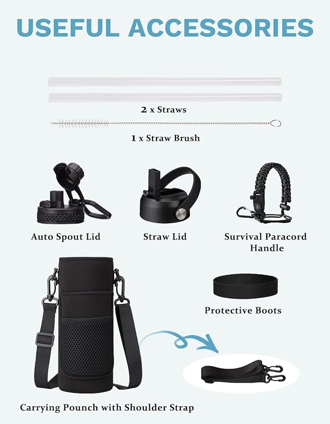 Insulated Water Bottle 40 oz - Keep Cold 48H Hot 24H, Metal Water Bottles with Straw & Auto Chug Lids, Flask Boot, Travel Jug with Carrying Pouch, Stainless Steel Water Bottle for Women Men