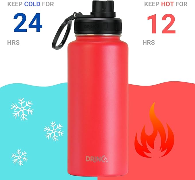 DRINCO Stainless Steel Water Bottle Spout Lid Vacuum Insulated Double Wall Water Bottle Wide Mouth (40oz 32oz 22oz 18oz 14oz) Leak Proof Keeps Cold or Hot (32 oz, 32oz Barn Red)