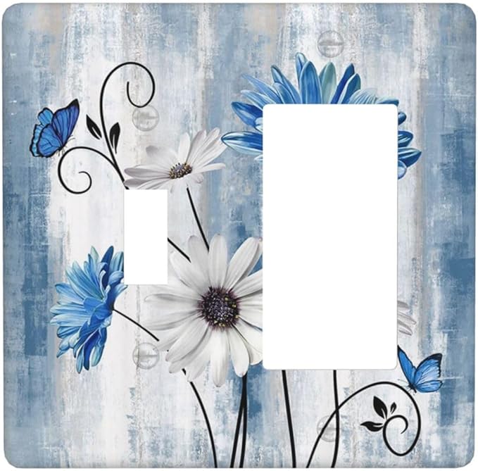 Rustic Teal Blue Daisy Floral 2 Gang Single Toggle Rocker Combination Light Switch Covers Wall Plate Cover Electrical Faceplate Decorative Switchplate for Country Bathroom Bedroom Kitchen Decor