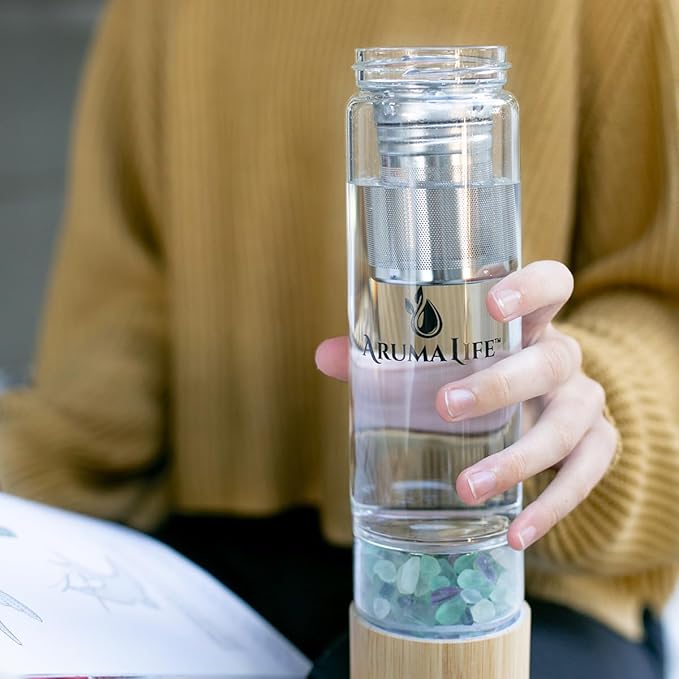 Crystal Water Bottle plus Loose-Leaf Tea/Fruit Infuser, Safe for Hot and Cold Drinks, Eco-friendly Plus BONUS Protective Sleeve & Extra Set of Crystals Coloured Fluorite & Yellow Jasper