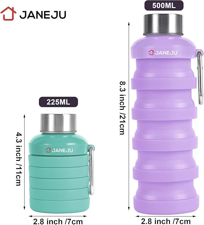 JaneJu Collapsible Water Bottle, 17oz BPA Free Silicone Reusable Portable Lightweight Foldable Water Bottles with Carabiner, Portable Leak Proof Sports Water Bottle (green&purple)
