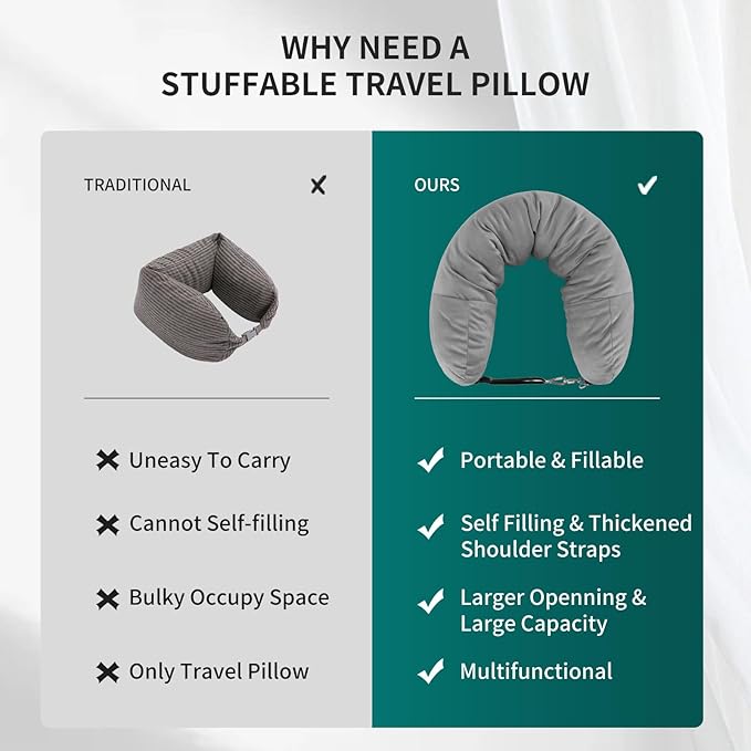 Stuffable Travel Pillow for Extra Luggage, Travel Neck Pillow Stuffable with Clothes, Stuffable Neck Pillow for Travel, Velvet Travel Neck Pillow Storage Bag, Fillable Luggage Pillow (Grey)