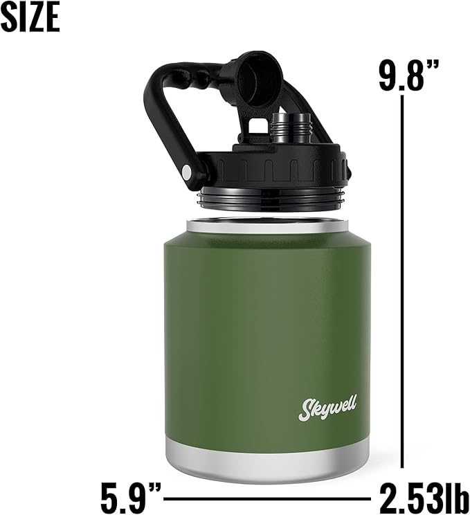 SkyWell Half Gallon Insulated Water Bottle with Handle and Wide Mouth Water Flask Sweat-Proof and Leak-Proof 64 Oz Water Jug for Outdoors, Olive