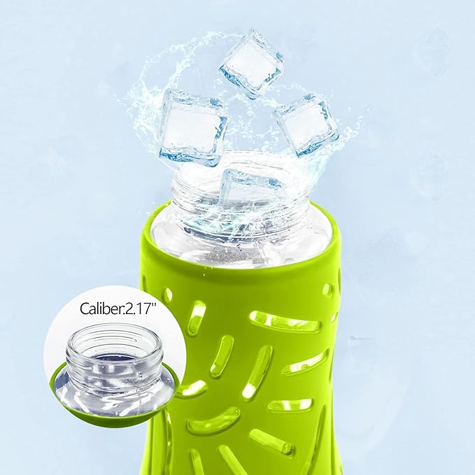 Top&Top 25oz Glass Water Bottles with Straw Cap – Wide Mouth Sports Water Bottles with Protective Silicone Sleeve + 3 Reusable Different Leak-Proof Lids (BPA Free) for Fitness and Outdoor (Yellow)