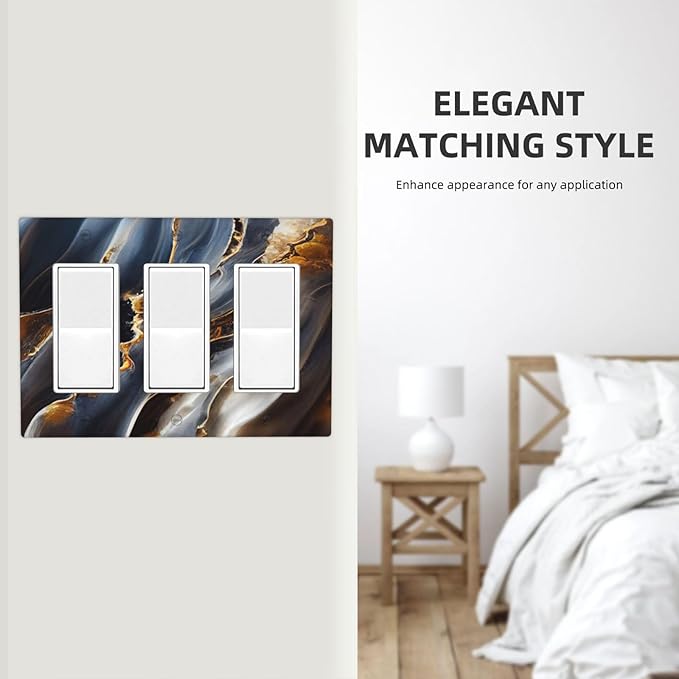 Gradient Abstract Ripple Blue Gold Marble Printed 3 Gang Rocker Light Switch Covers Triple Outlet Wall Plate Decorative Switchplate Cover Faceplate GFCI for Kitchen Bathroom Bedroom Decor