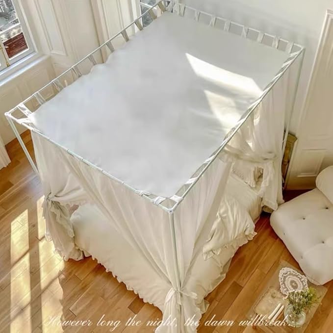 Elegant Modern Linen Princess 4 Corner Post Mosquito Net Romantic for Girls Women Bed Curtain Canopy for Adult Wedding Bedroom Kids Rooms Decoration (White-Beige, California King)