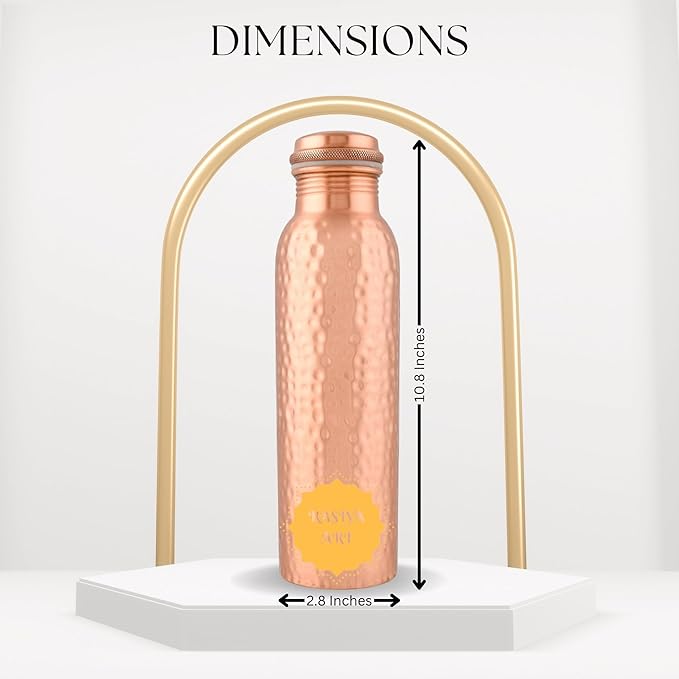 Pure Copper Metal Water Bottle - 32 oz - Indian Handmade Ayurveda Healing Benefit Drinking Water Bottle for Travel, Hiking, Gym, Office, Outdoor - Glossy Hammered