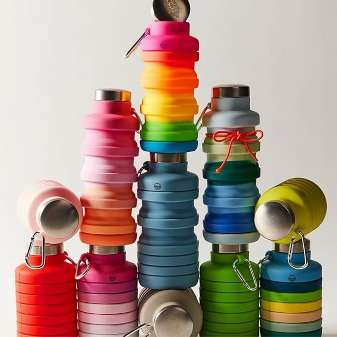 Mayim Collapsible Water Bottles Silicone Travel Tumbler with Clip for Backpack, Reusable Portable Sport Water Bottle for Gym, Camping, Hiking or Airport, 17 Oz Orange Yellow & Pink Tie Dye