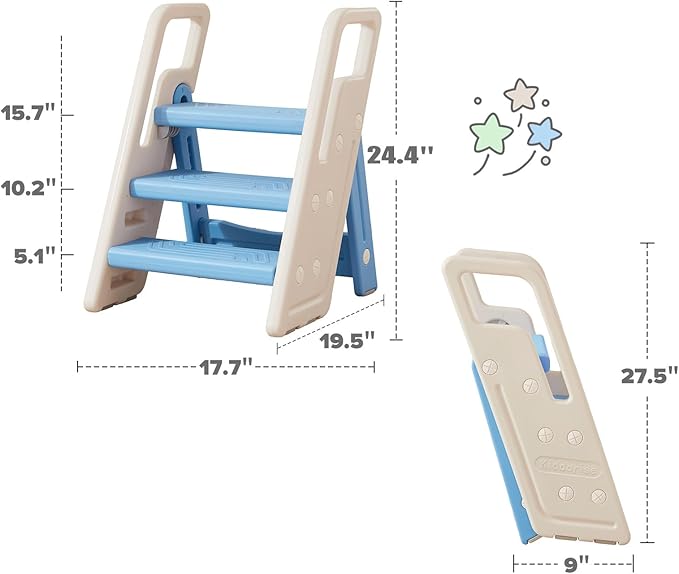 Folding Toddler Step Stool for Bathroom Sink,Adjustable 3 to 2 Step Stools for Toilet Potty Training,Sturdy Kids Step Stool for Kitchen Counter with Handle,Blue