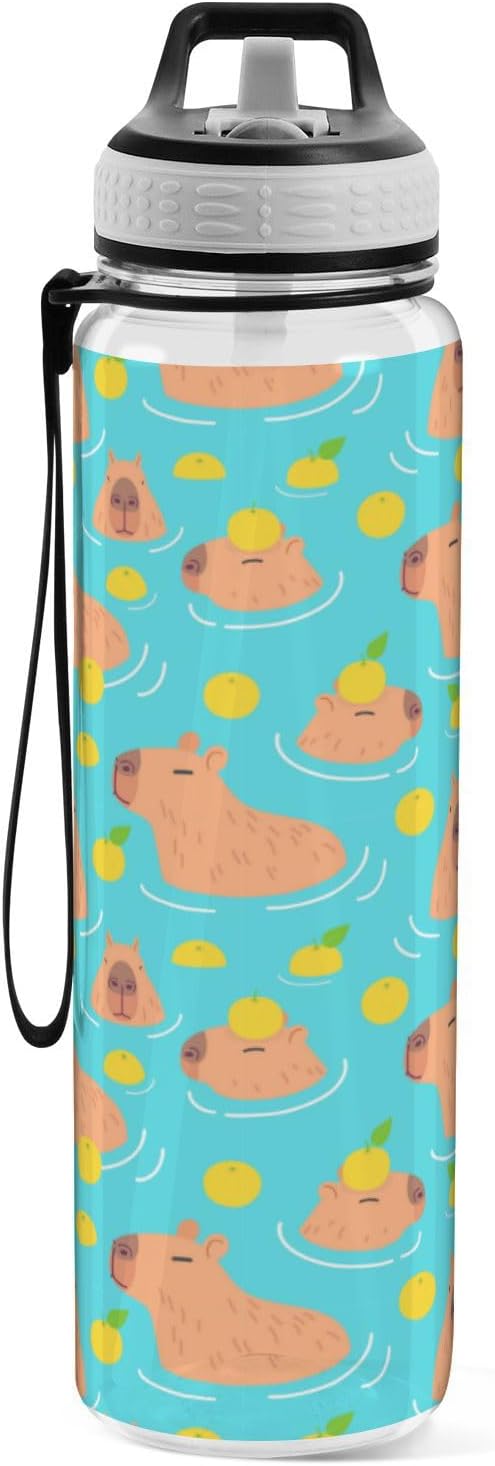 Cute Capybaras Water Bottle with Straw Lemon Sports Bottles BPA-Free Tritan Water Jug with Carrying Strap for Gym Office Outdoor Sports