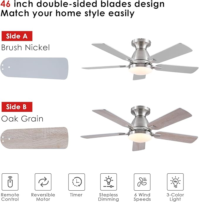 Ceiling Fans with Lights and Remote/APP Control,46" Flush Mount Ceiling Fan Dimmable DC Motor，Low Profile Ceiling Fan for Bedroom,Living Room,Brushed Nickel