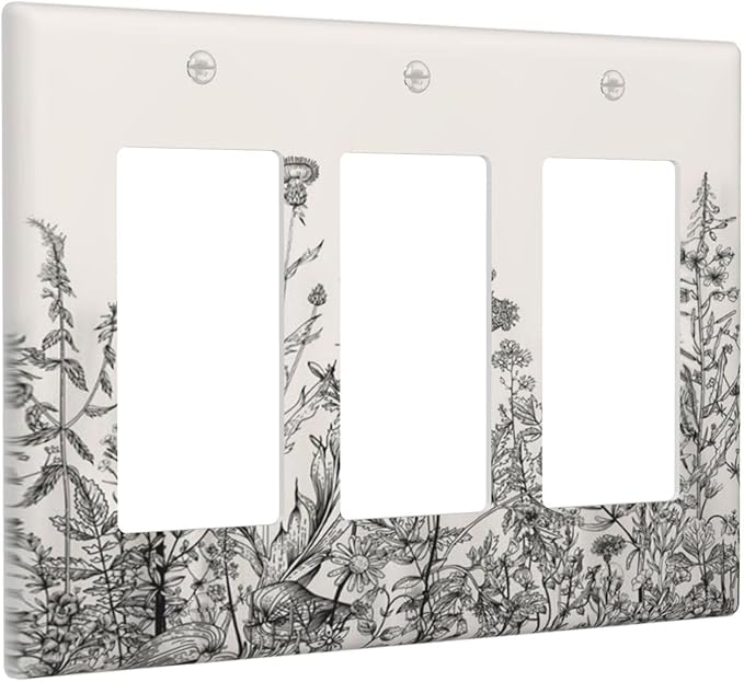Vintage Grey Floral Herbs Wild Flowers Botanical 3 Gang Rocker Boho Light Switch Covers Decorative Country Unique Triple Outlet Wall Plate Cover Faceplate Decorative Switchplate GFCI