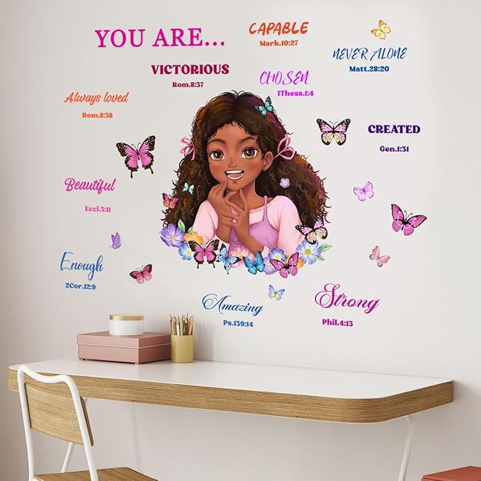 Lovely Little Girl Butterfly Wall Decals Inspirational Quotes Wall Decals Positive Words Motivational Lettering African American Wall Stickers for Baby Toddler Room Decorations Nursery Playroom