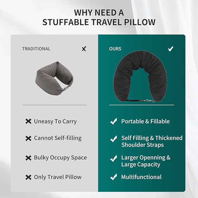Stuffable Travel Pillow for Extra Luggage, Travel Neck Pillow Stuffable with Clothes, Stuffable Neck Pillow for Travel, Velvet Travel Neck Pillow Storage Bag, Fillable Luggage Pillow (Black)