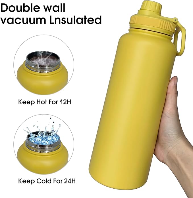 40oz Insulated Water Bottle ，Stainless Steel Sports Water Cup Flask with 2 Lids, Wide Mouth Travel Thermal Mug,Outdoor Sports Bottle（Mango yellow）