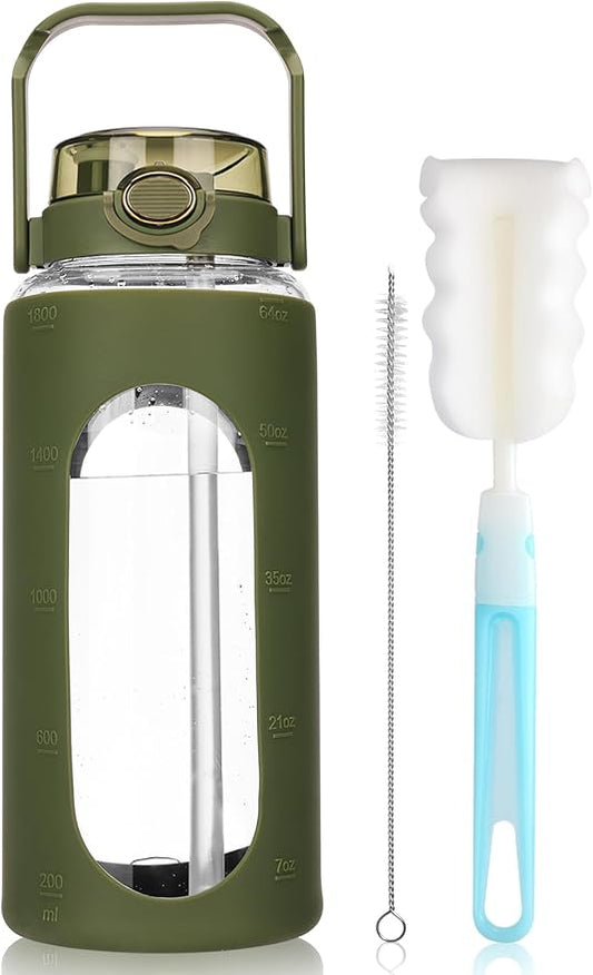 Moretoes 64oz Glass Water Bottle with Straw, Motivational Glass Bottle with Time Marker and Silicone Sleeve, Reusable Large Sports Water Jug for Outdoor Family Exercise (Olive Green)