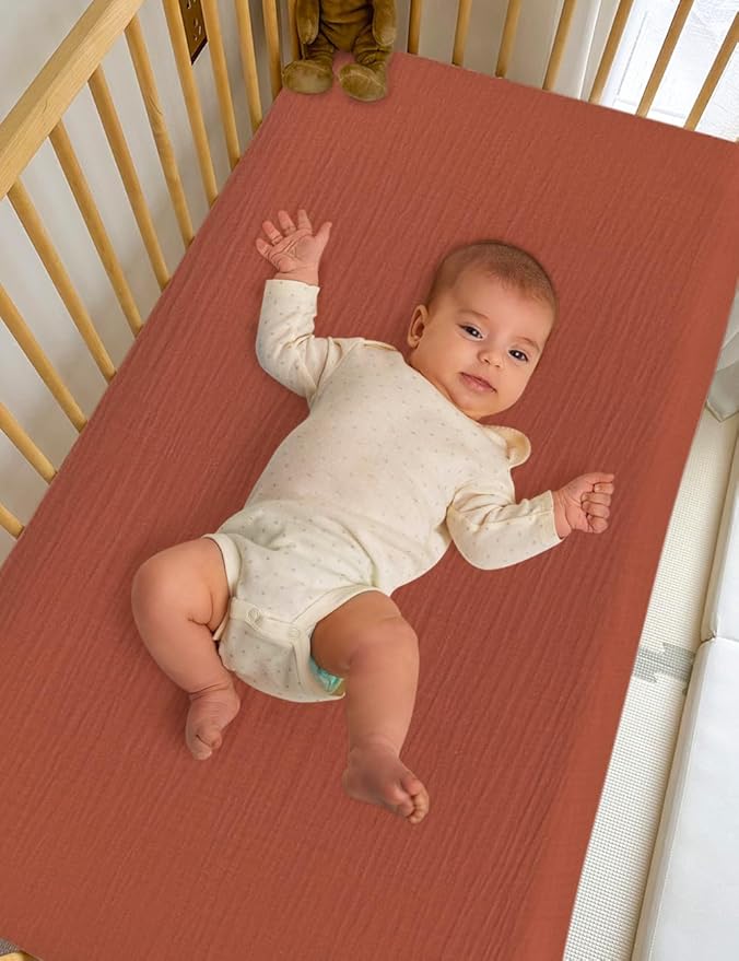 28" x 52" Rust Muslin Crib Sheets, 100% Cotton Baby Crib Sheet Neutral, Fitted Crib Mattress Sheets for Boy, Girl (46C-04)