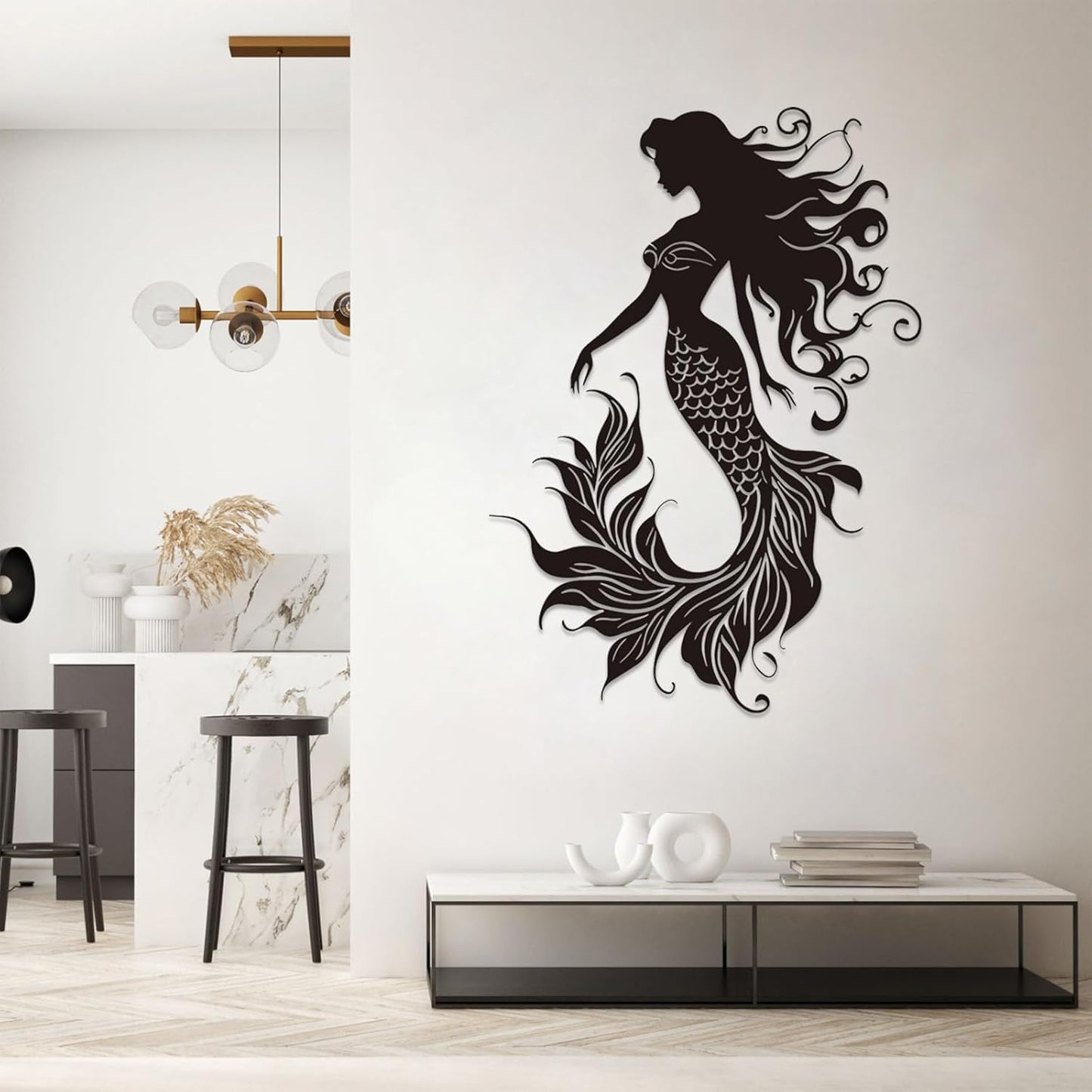 Veplsur Mermaid Metal Wall Art, Metal Mermaid Wall Decor, Marine Biology Wall Decor, Ocean Wall Art, Nautical Wall Hanging, Beach Hanging for Bathroom Bedroom (Silver, 48"x34"|121x86cm)