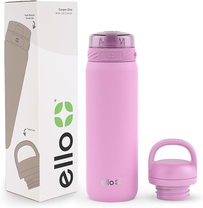 Ello Cooper 22oz Stainless Steel Water Bottle with 2 Lids Chug and Straw | Leak Proof Double Walled and Vacuum Insulated | Fits Car Cupholder | Built in Carry Loop | Dishwasher Safe | Bubblegum Pink