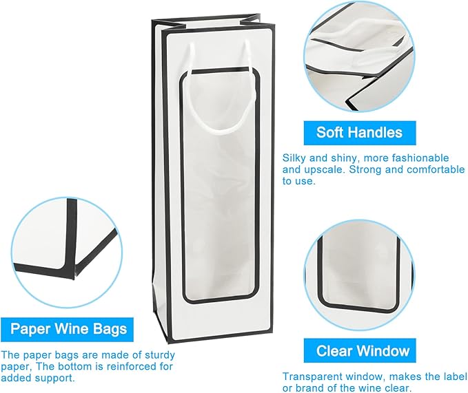 uxcell Wine Bags, 20pcs 4.92"x3.35"x14.2" Wine Gift Bags with Rope Handles, Paper Wine Tote Bag with Clear Window for Wedding Birthday Christmas, White Black