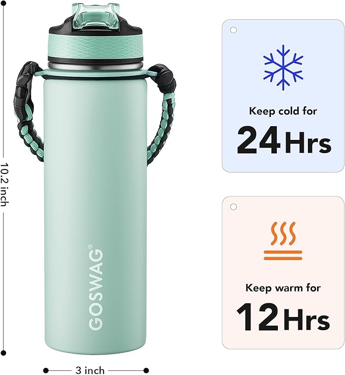 GOSWAG Insulated Sports Water Bottle, 24oz 2 Lids(with Straw/No Straw), Stainless Steel Water Bottles with Paracord Handle, Insulated Thermos with Double-Wall Vacuum Insulation