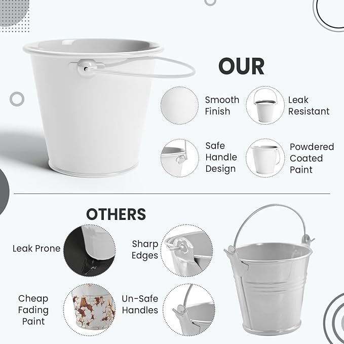Small Metal Buckets with Handle 6 Pcs – Galvanized Bucket Leak Proof & Rust Resistant 48 fl oz Capacity - Best for Party Décor, Organizing & Decorating Classrooms (Large 6.3" Top, White)