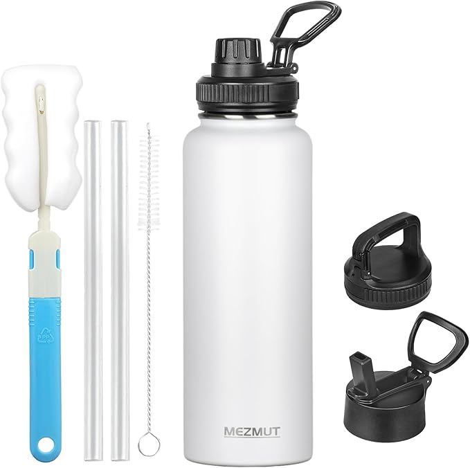 Insulated Water Bottle with Straw&3 Lids 40oz Stainless Steel Water Bottles Sports Metal Water Bottle Double Walled Vacuum Insulated Bottles Thermos Leak-Proof Travel Thermal (White)